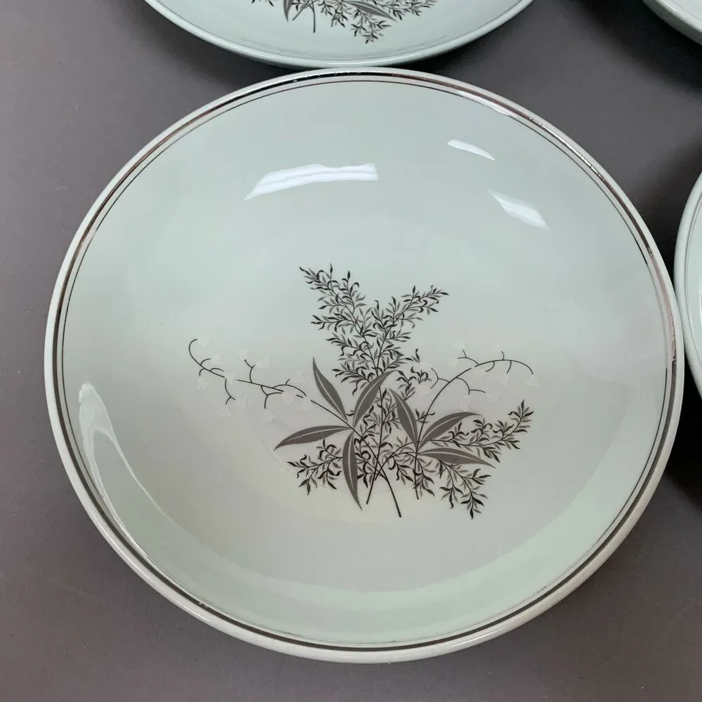 Lady Empire Princess Permacal Coup Bowls Oven Proof Green Platinum Trim Lot of 4